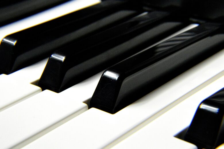 A detailed close-up shot focusing on black and white piano keys, highlighting musical harmony.